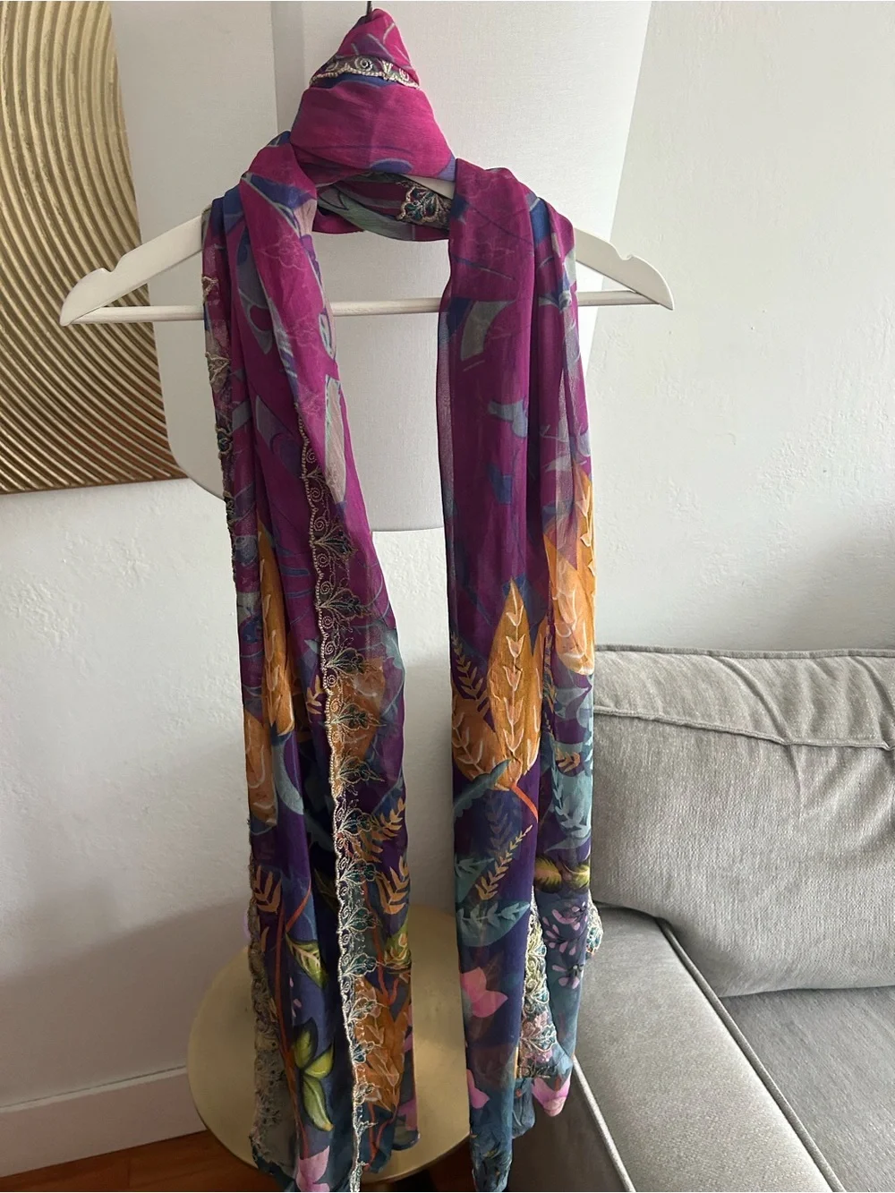 Vtg Floral Embroidery Wrap Scarf Pashmina Chiffon